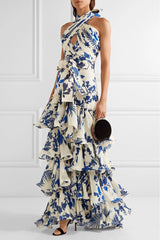 Sleeveless Halter Neck Lace Up Ruffle Hem Midi Dress