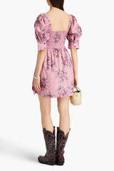 Floral Puff Sleeve Square Collar Smocked Elastic Mini Dress