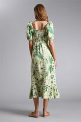 Floral Puff Sleeve Square Collar Slit Midi Dress