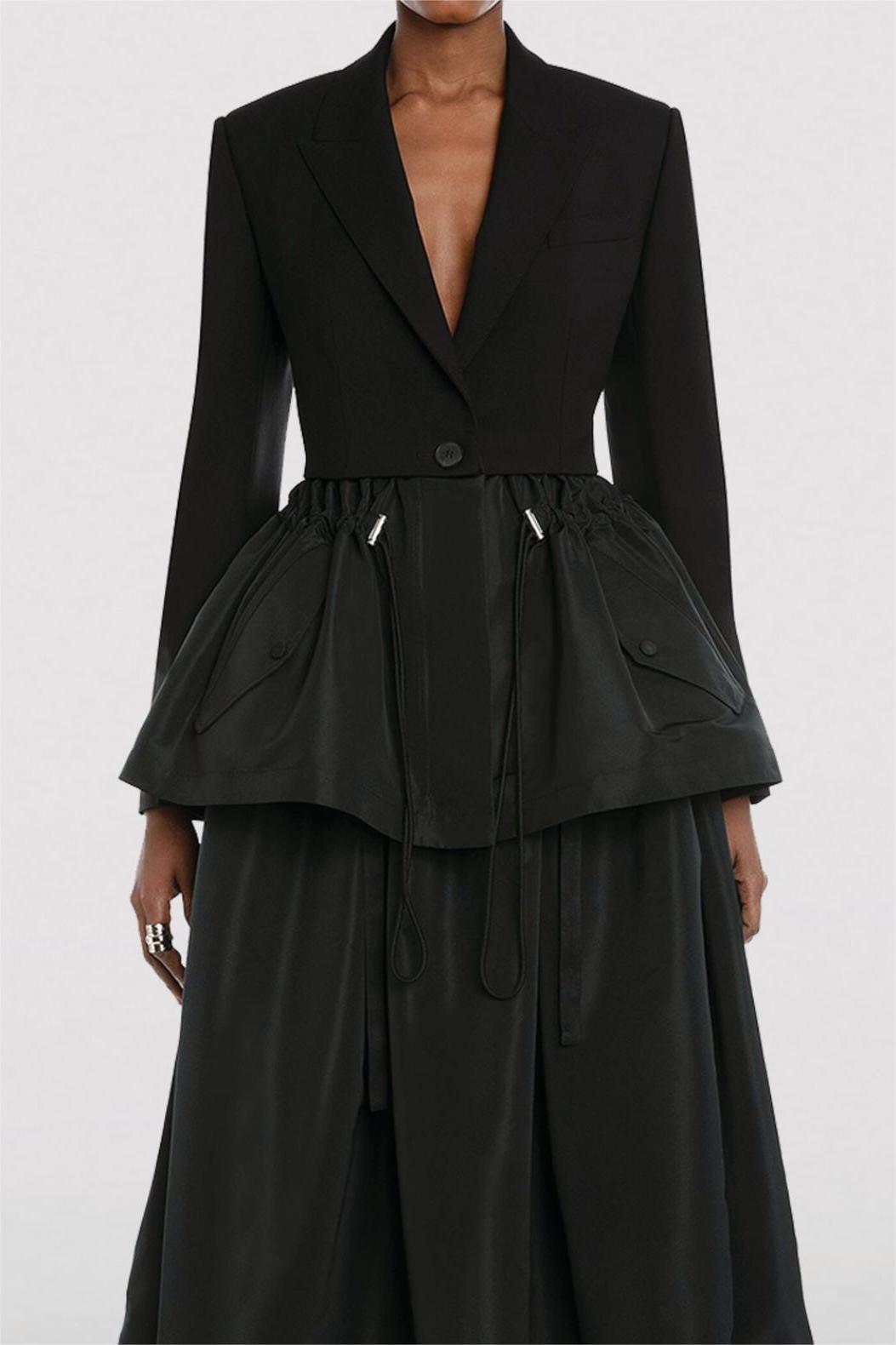 Drawstring Ruffle Hem Blazer Black