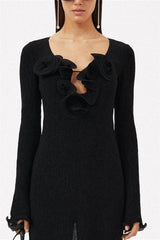 3D Flower Long Sleeve V-Neck Split Maxi Dress Black