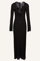 3D Flower Long Sleeve V-Neck Split Maxi Dress Black