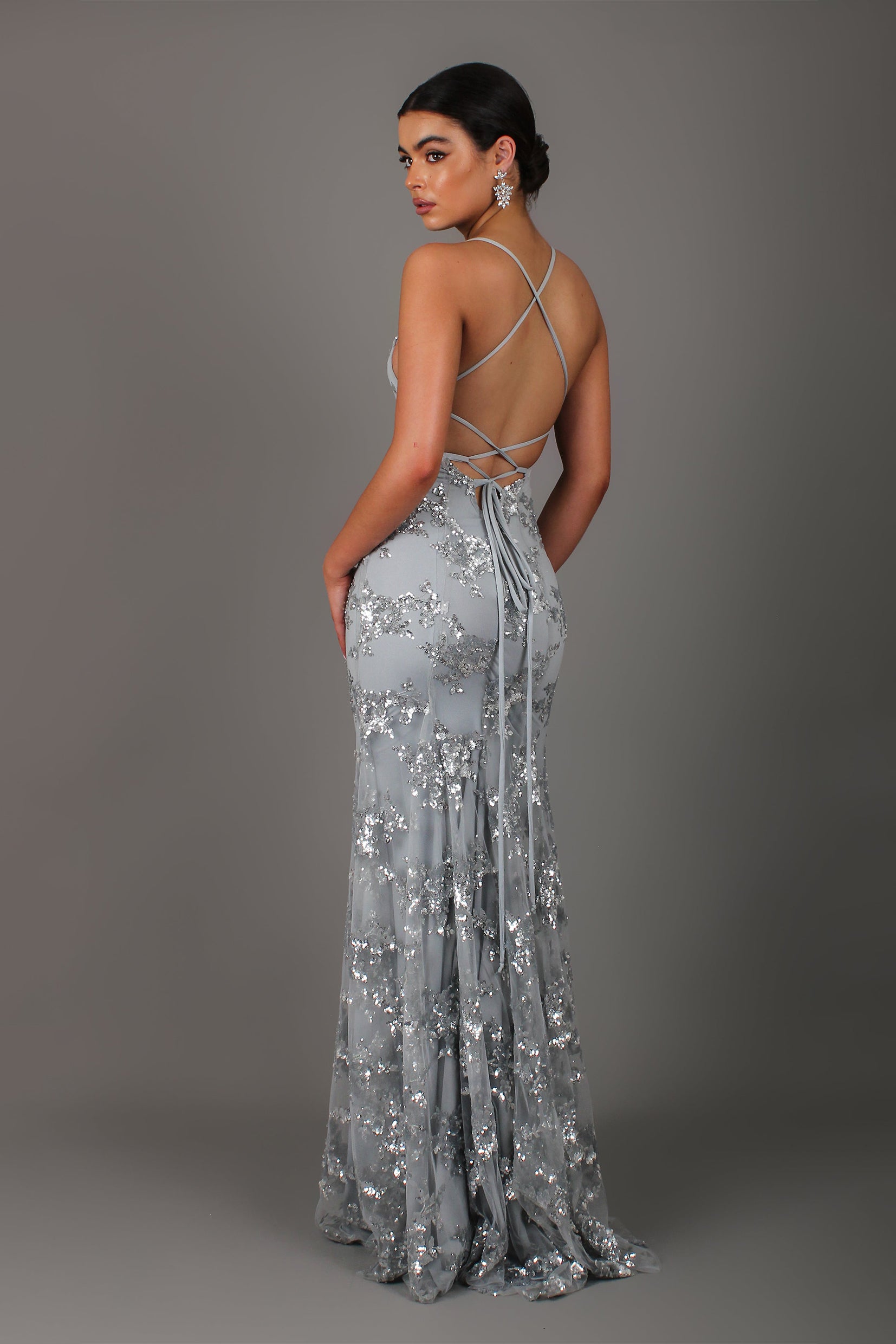 Sequin V-Neck Backless Maxi Dress Grey