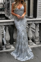 Sequin V-Neck Backless Maxi Dress Grey