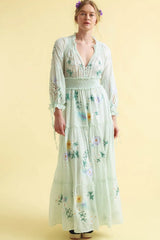 V-Neck Long Sleeve Embroidery Maxi Dress