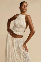 Smocking Halter Neck Backless Top & Mid Waist Maxi Skirt Set