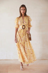Chiffon Floral V-Neck Midi Dress With Belt
