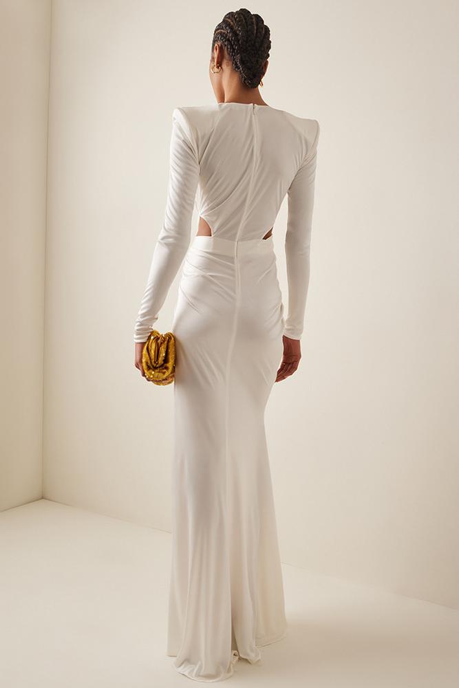 V-Neck Long Sleeve Split Solid Midi Dress