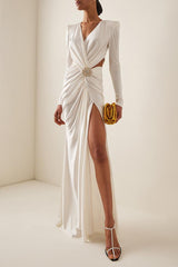 V-Neck Long Sleeve Split Solid Midi Dress