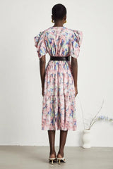 Abstract Print V-Neck Midi Dress With Belt