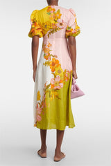 Floral Puff Sleeve Round Neckline Midi Dress