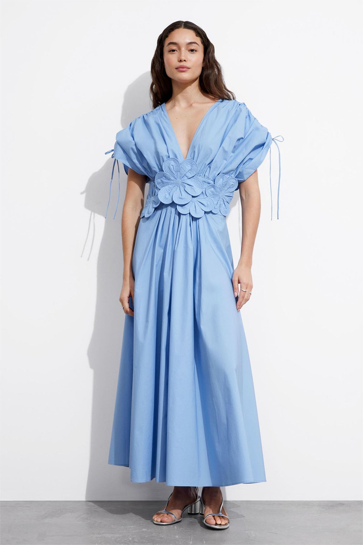 3D Floral V-Neck Lace Up Midi Dress