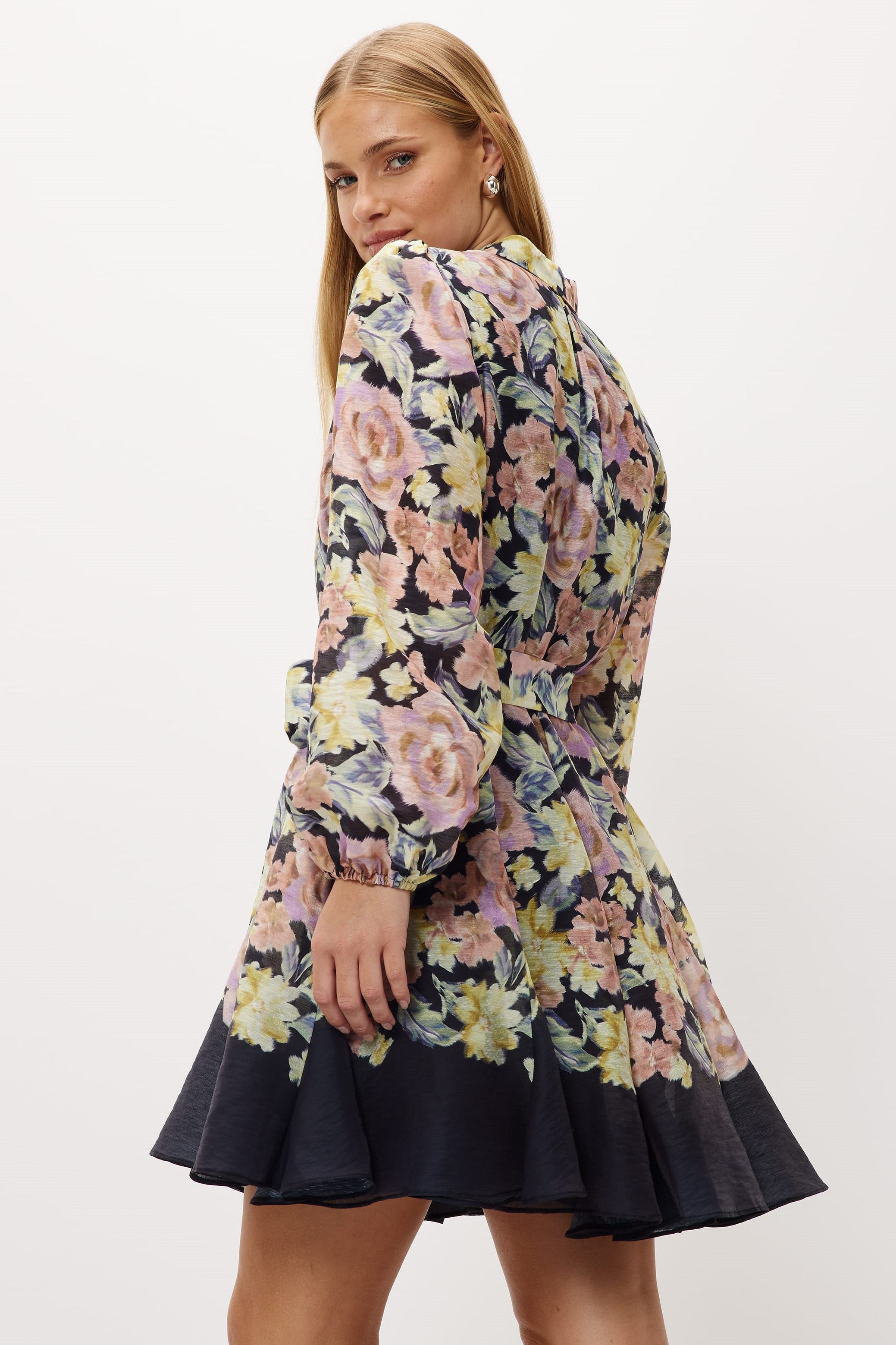 Floral Lantern Sleeve Mini Dress With Belt