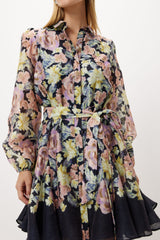 Floral Lantern Sleeve Mini Dress With Belt