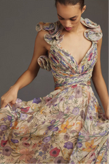 Floral Pleated Backless Lace Up Maxi Dress