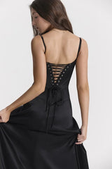 Satin Solid Lace Up Maxi Dress Black