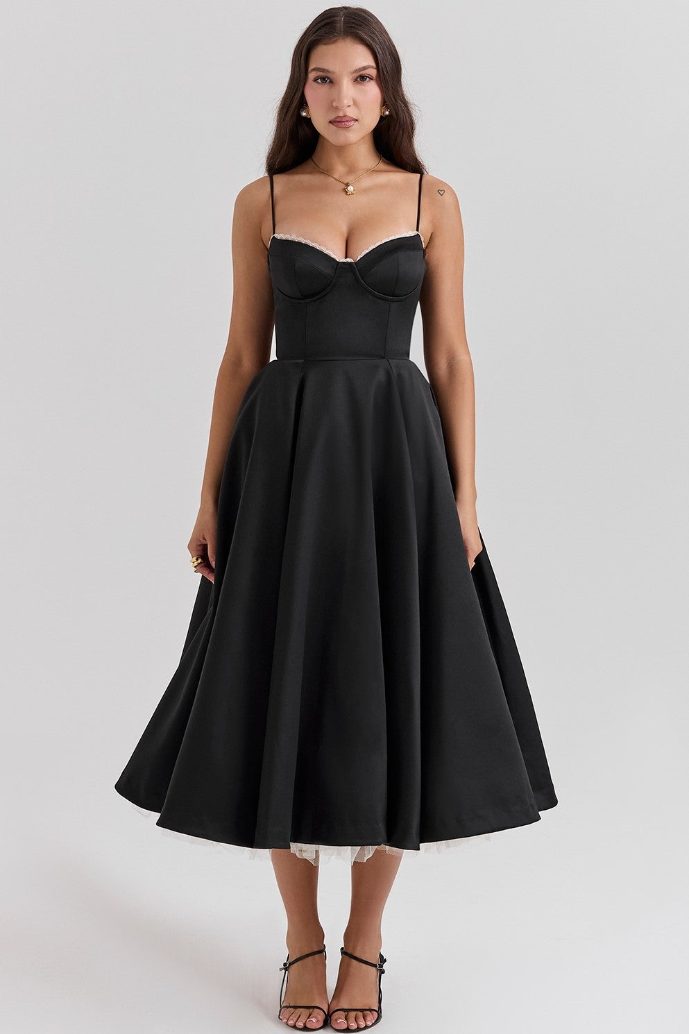 Lace Mesh Sweetheart Neck Midi Dress