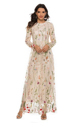 Embroidered Round Neck Long Sleeve Maxi Dress