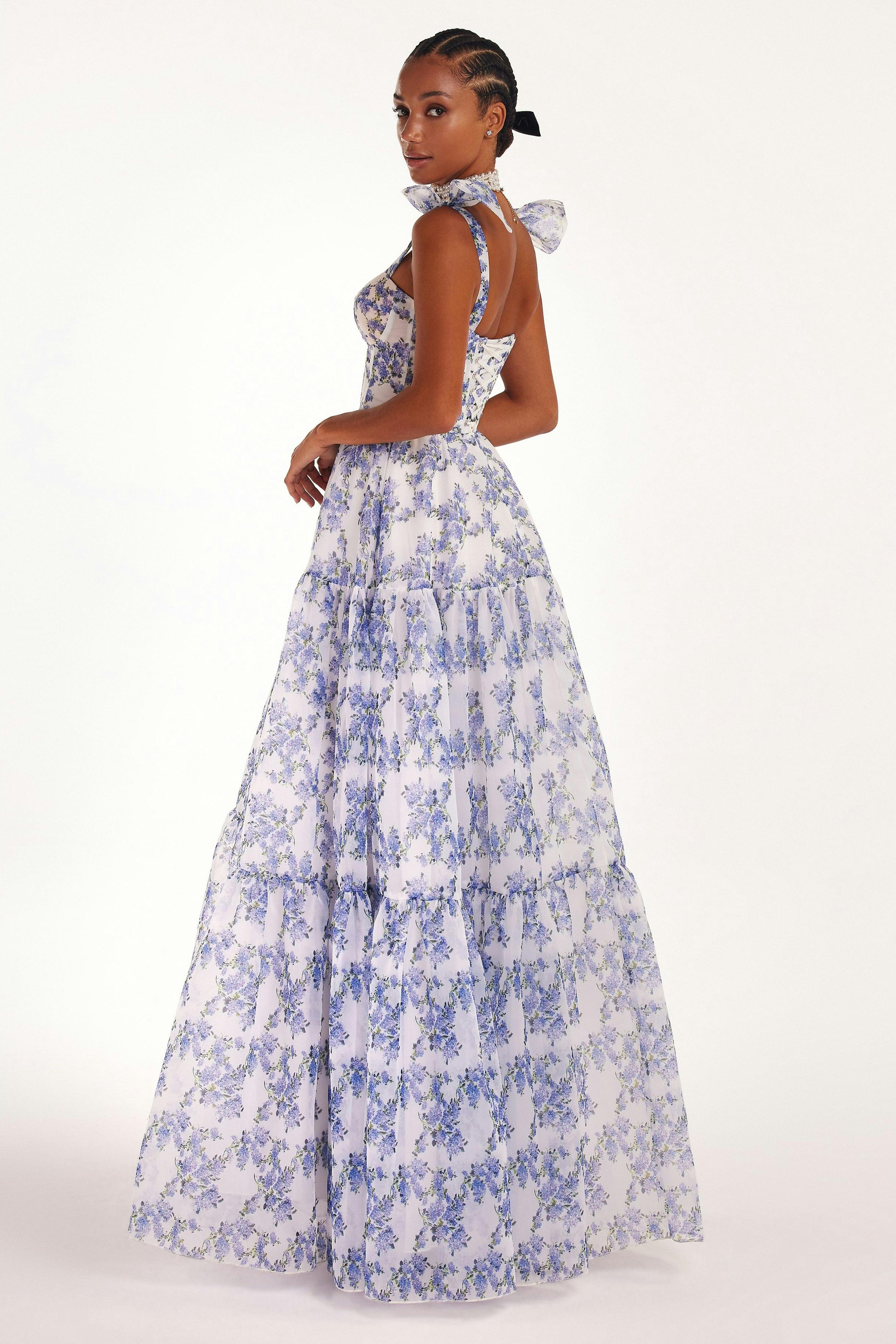 Floral Sweetheart Neck Frill Maxi Dress