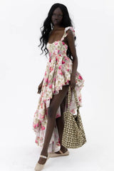Floral Sweetheart Neck Frill Midi Dress