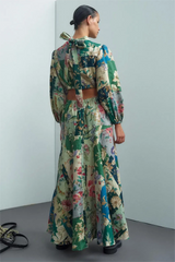 Floral Lace Up Lantern Sleeve Midi Dress