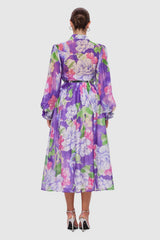 Floral Lantern Sleeve Lace-Up Midi Dress