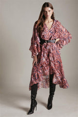 Abstract Print V-Neck Frill Midi Dress