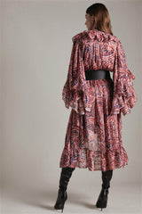 Abstract Print V-Neck Frill Midi Dress