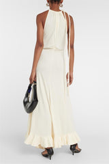 Knit Solid Shirring Lace Up Maxi Dress