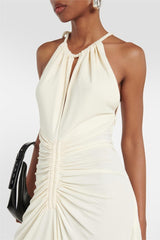 Knit Solid Shirring Lace Up Maxi Dress