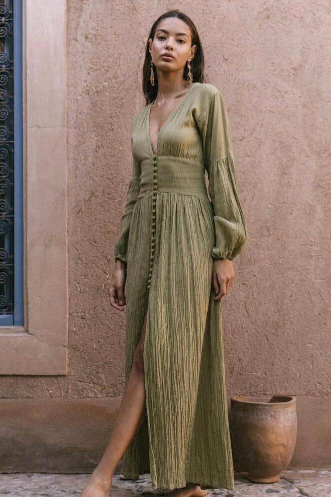 V-Neck Lantern Sleeve Button Midi Dress