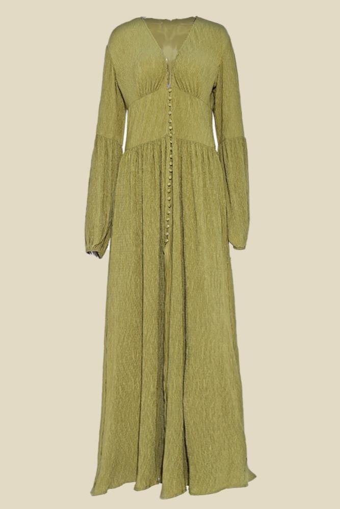 V-Neck Lantern Sleeve Button Midi Dress
