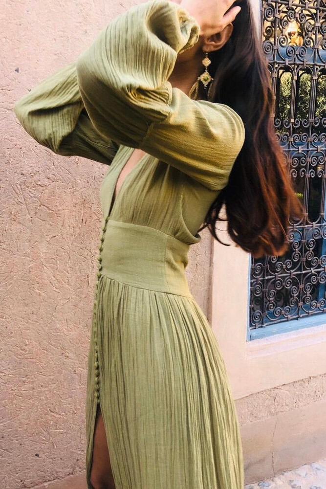 V-Neck Lantern Sleeve Button Midi Dress