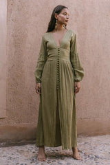 V-Neck Lantern Sleeve Button Midi Dress Green