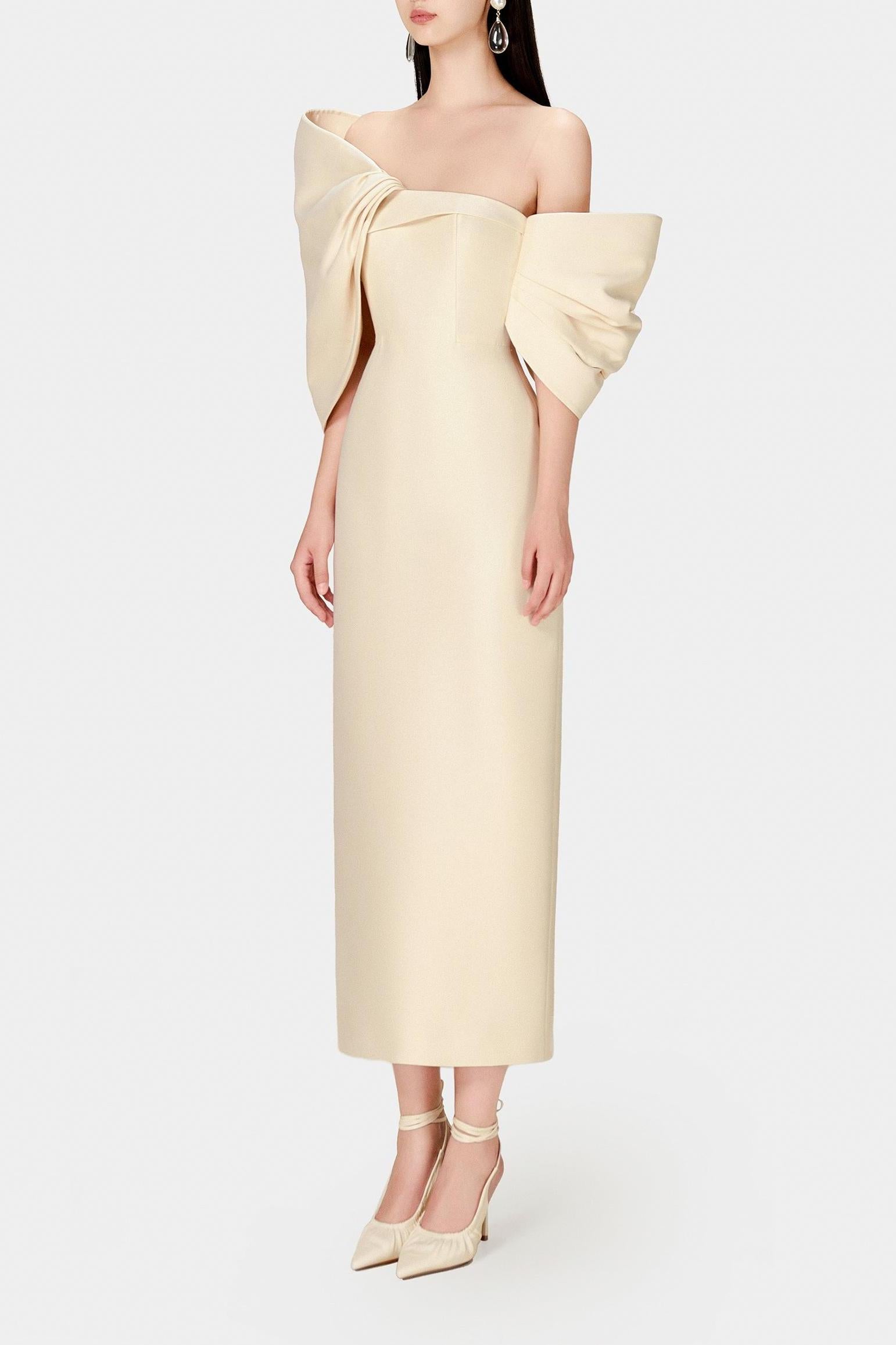 Bow Off-Shoulder Asymmetrical Midi Dress