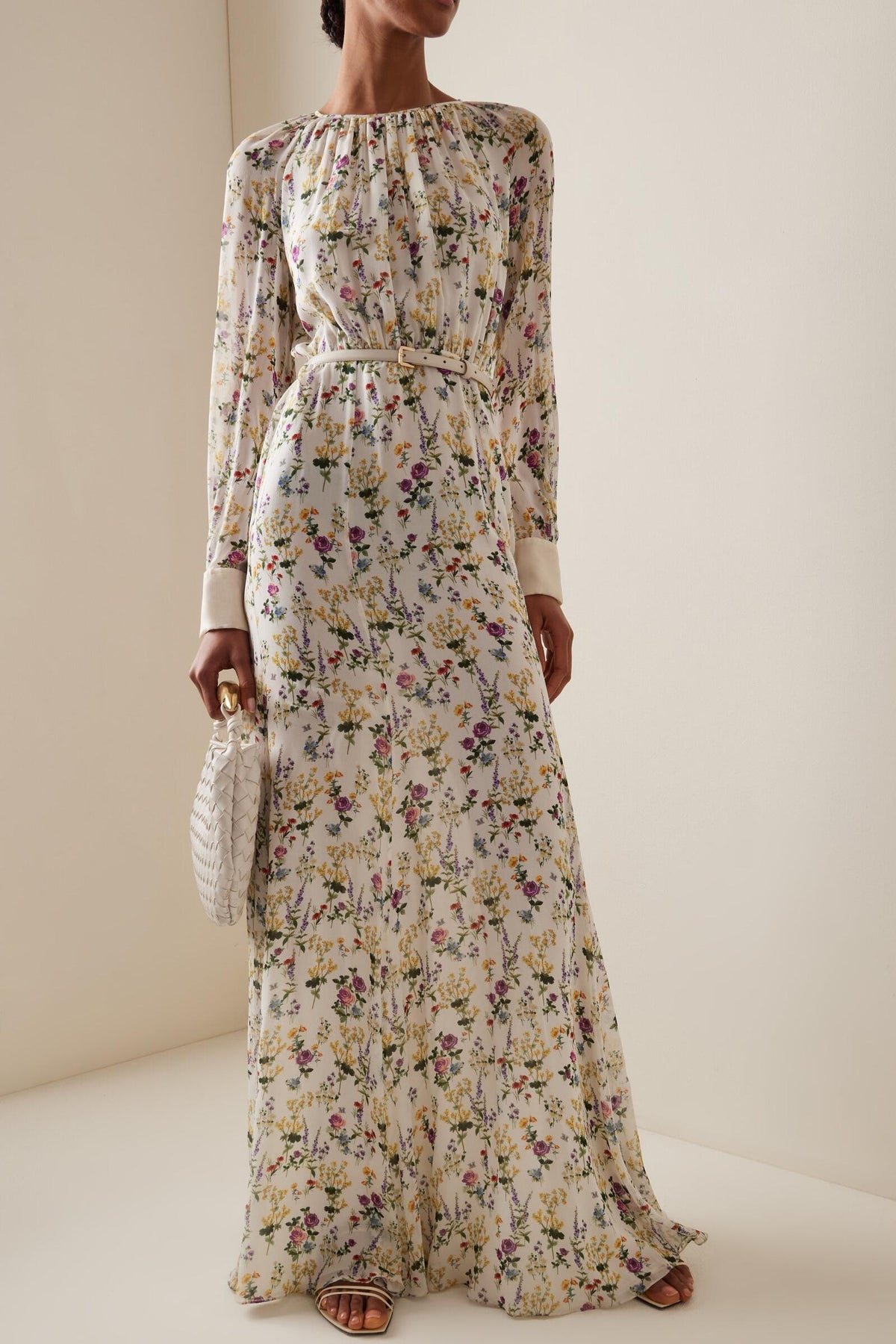 Floral Pleat Round Neck Maxi Dress With Belt