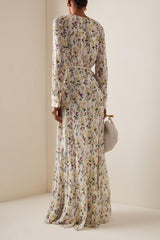 Floral Pleat Round Neck Maxi Dress With Belt