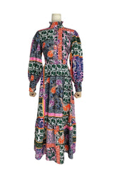 Patchwork Print Stand Collar Lantern Sleeve Midi Dress