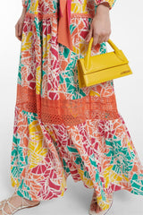 Abstract Print Lace Pleated Midi Dress With Belt