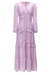 Solid Lace V-Neck Frill Midi Dress
