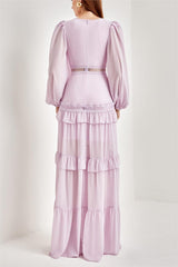 Solid Lace V-Neck Frill Midi Dress