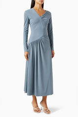 Jersey Solid Ruched Long Sleeve Midi Dress Blue