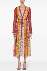 Floral Patchwork Print V-Neck Lace Up Midi Dress With Belt