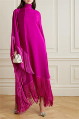 Satin Tassel High Neck Midi Dress