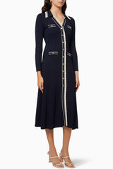 Jersey Metal Button Long Sleeve Midi Dress