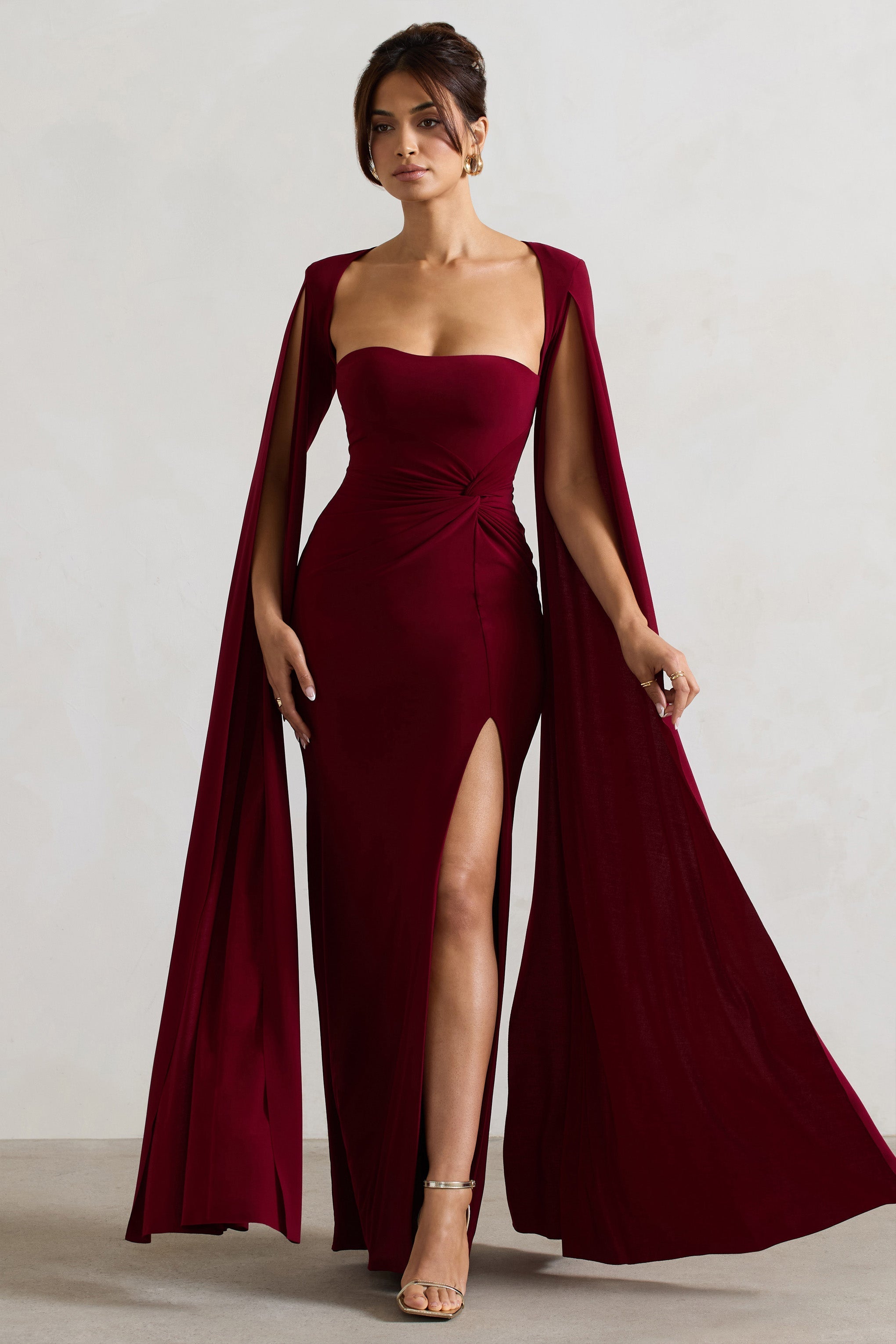 Solid Square Collar High Split Midi Dress