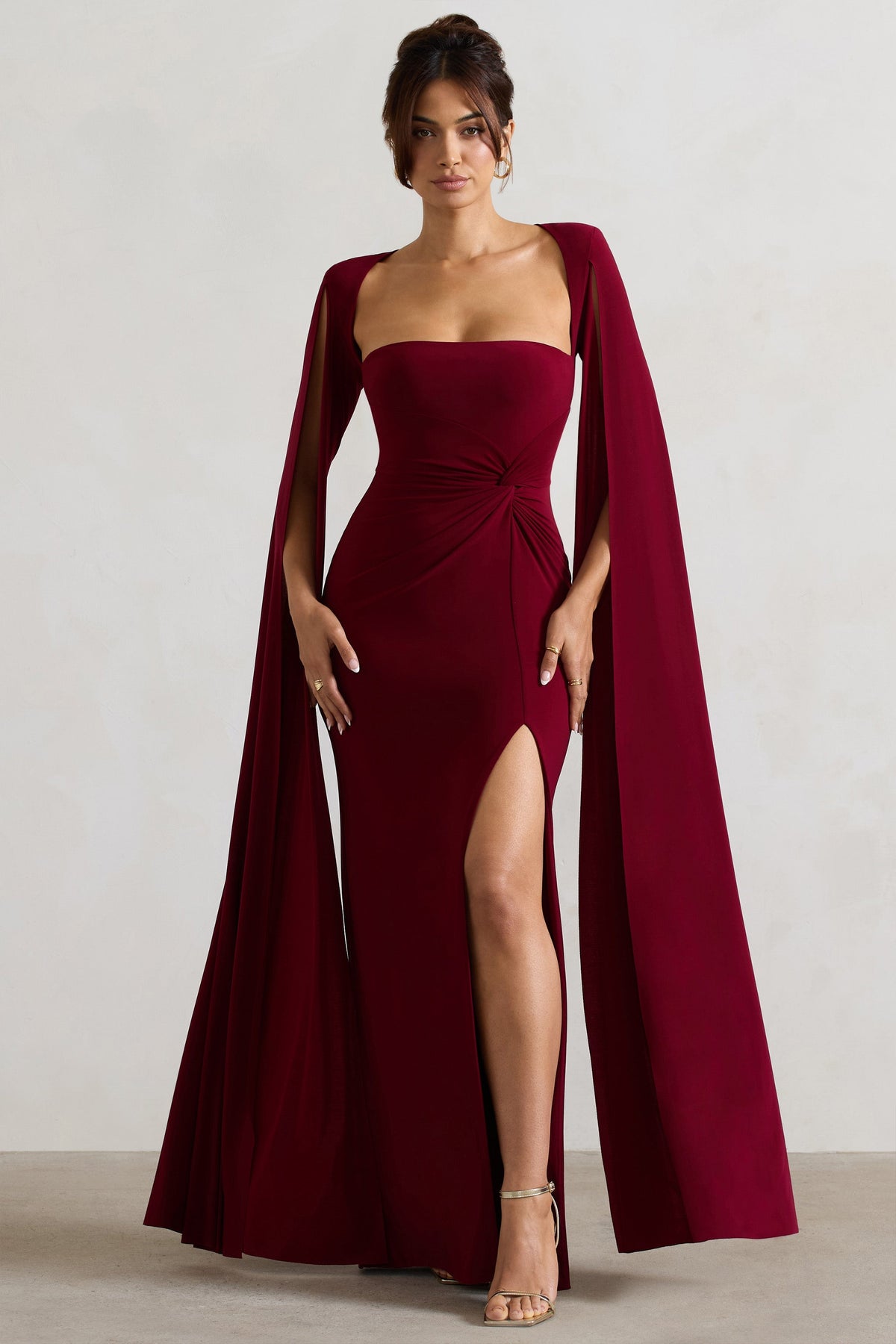 Solid Square Collar High Split Midi Dress
