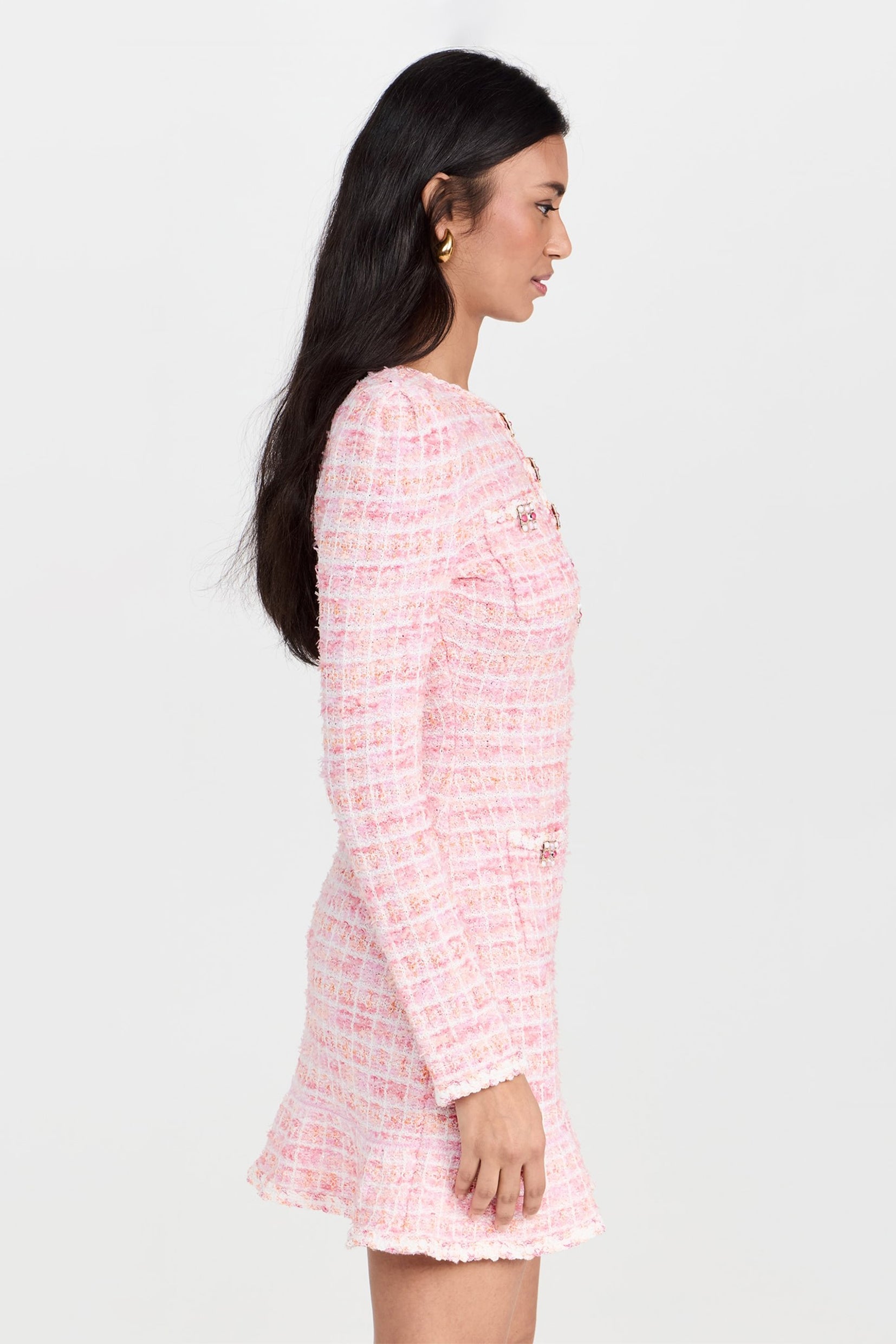 Knit Round Neck Checks Mini Dress