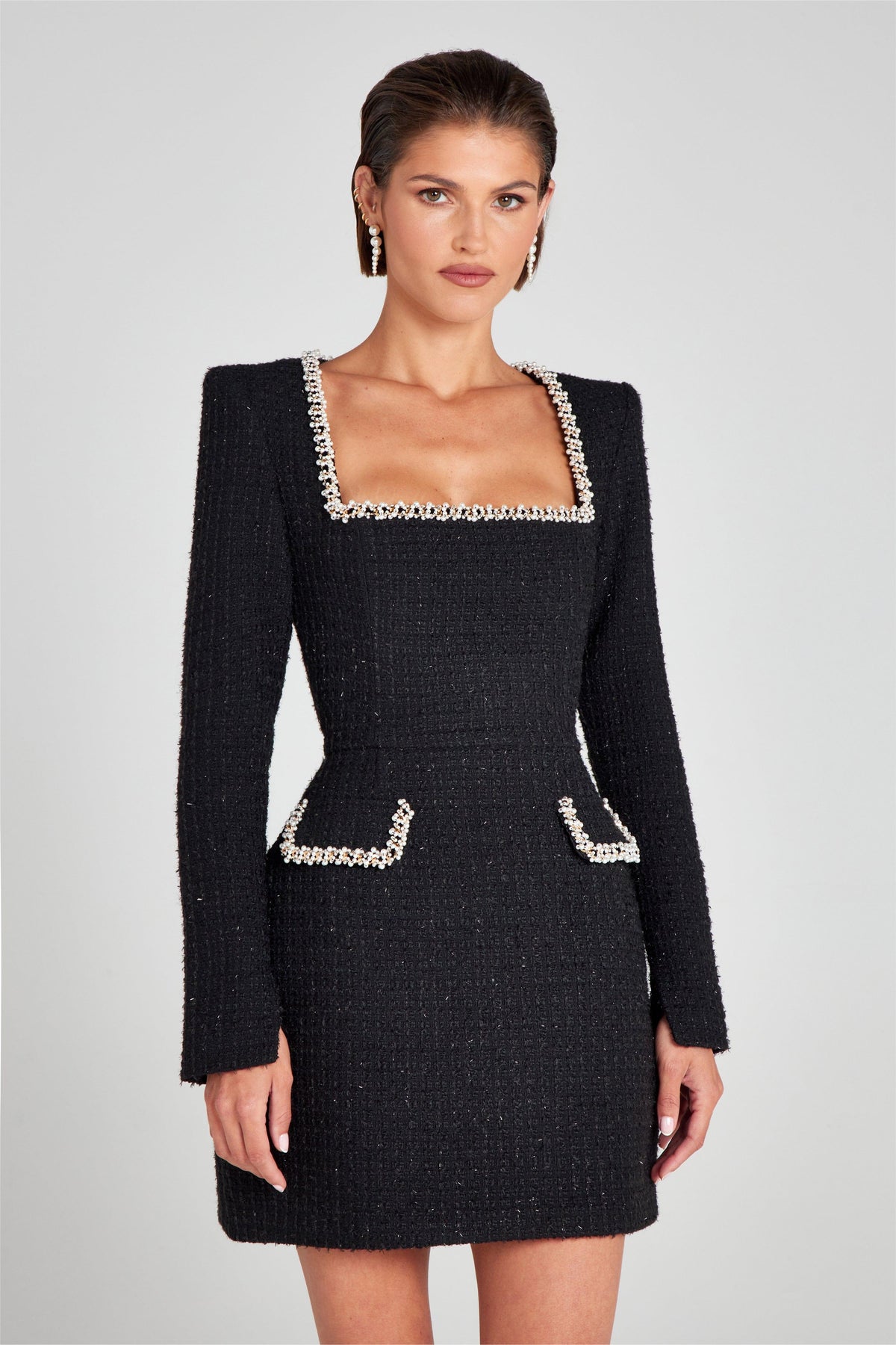 Tweed Square Collar Faux Pearl Mini Dress