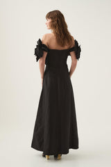 3D Flower Solid Off-Shoulder Midi Dress